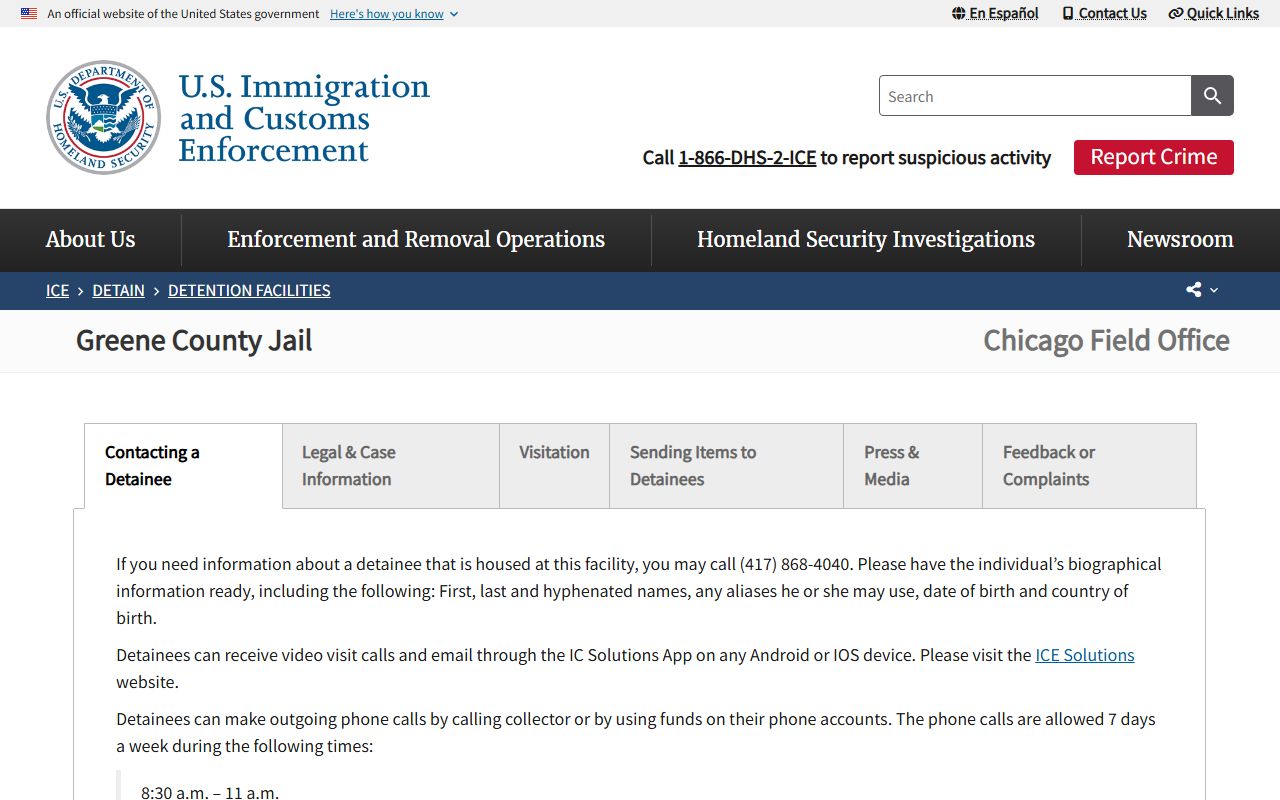 ICE Greene County Jail detention facility listing for immigration detainee lookup