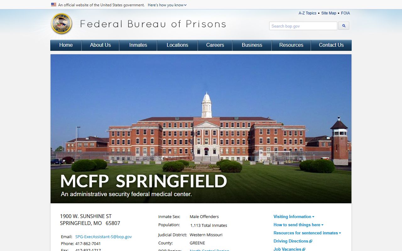 Medical Center for Federal Prisoners Springfield BOP facility page for federal inmate lookup